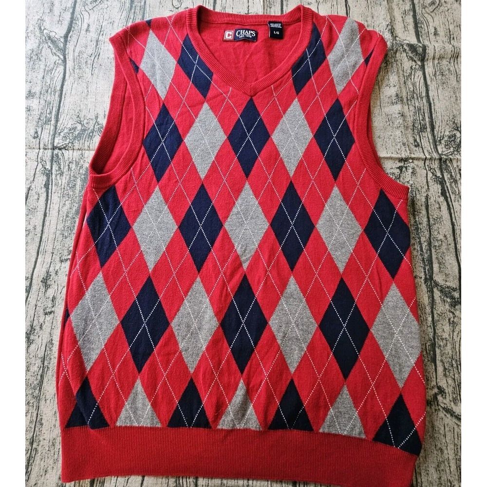 Ralph Lauren Chaps Mens L ARGYLE Cotton Golf Sweater Knit Vest Red Blue Preppy‎